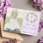 Tarjeta De Agradecimiento Chica de confirmación de bautismo FOTO púrpura<br><div class="desc">Delicada corona floral bautismo, cristianismo, primera comunión sagrada o confirmación gracias a las tarjetas de chica. Violeta púrpura de lavanda pastel con fondo sombrío. La vegetación, la corona floral de hojas con lavanda, las flores moradas y malvas oscuras y la cruza con diamantes falsos en el medio. ¡Asequible pero no...</div>