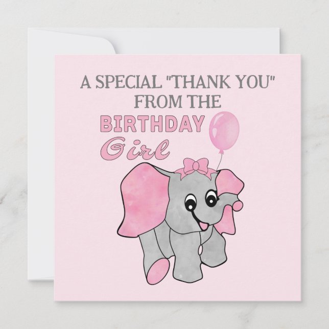Tarjeta De Agradecimiento Chica de cumpleaños elefante bebé rosa (Anverso)