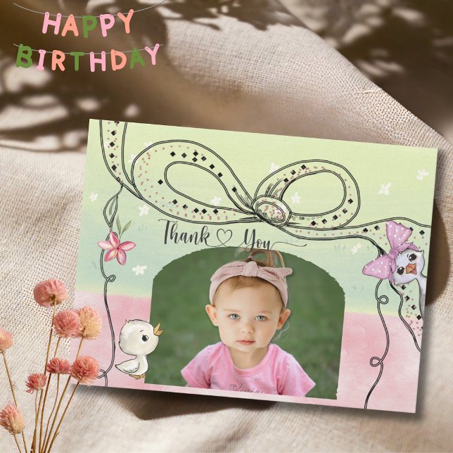 Tarjeta De Agradecimiento Chica de Cumpleaños Silly Goose 1er Cumpleaños Arc (Silly Goose 1st Birthday Girl Pink Bow Photo Thank You Card 4,25" x 5,25")