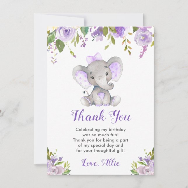 Tarjeta De Agradecimiento Chica de Elefante Morado Fiesta de Cumpleaños (Anverso)