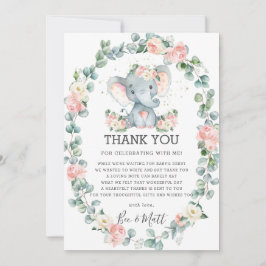 Tarjeta De Agradecimiento Chica de Elephant Baby Shower Pink Floral Greenera