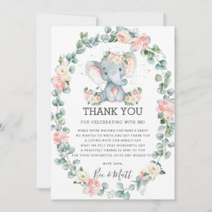 Tarjeta De Agradecimiento Chica de Elephant Baby Shower Pink Floral Greenera