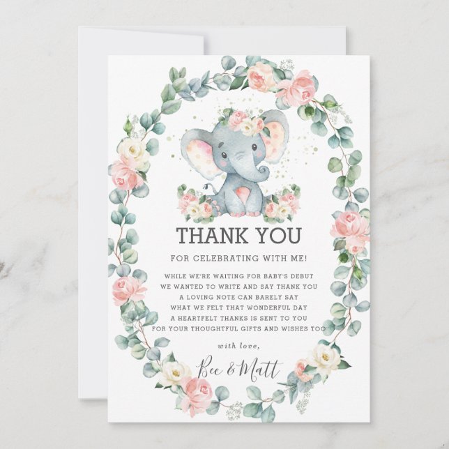 Tarjeta De Agradecimiento Chica de Elephant Baby Shower Pink Floral Greenera (Anverso)
