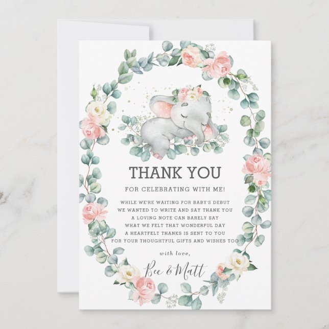 Tarjeta De Agradecimiento Chica de Elephant Baby Shower Pink Floral Greenera (Anverso)
