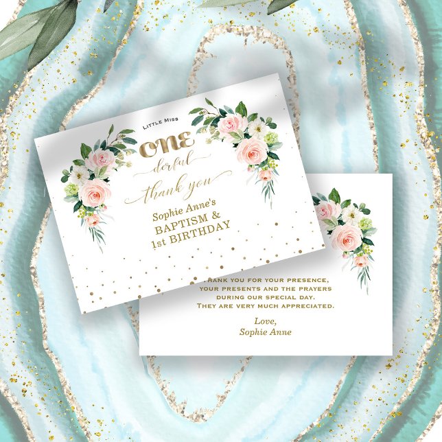 Tarjeta De Agradecimiento Chica de Flores Blancas Rosadas Primer Bautismo de (little miss onederful birthday, baptism, thank you card, trendy pink floral baptism 1st birthday)