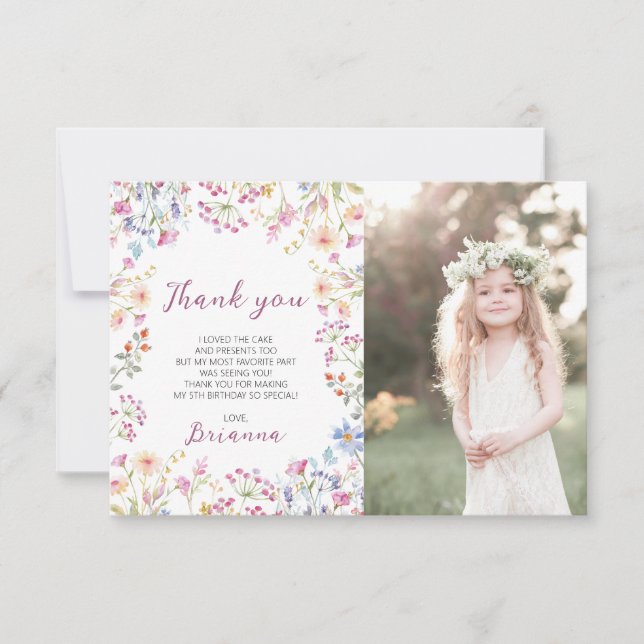 Tarjeta De Agradecimiento Chica de flores silvestres cumpleaños acuarela (Anverso)
