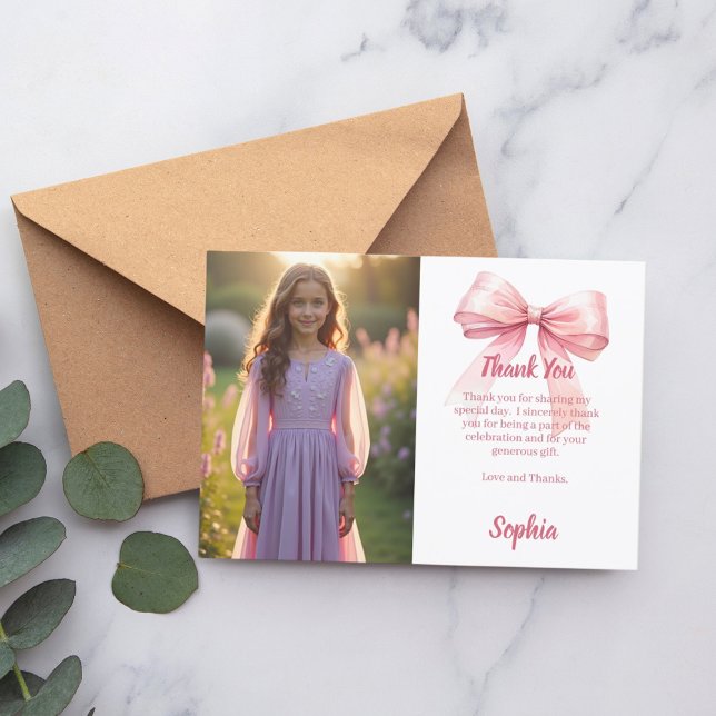 Tarjeta De Agradecimiento Chica de foto de cumpleaños lazo rosa blanco (Subido por el creador)