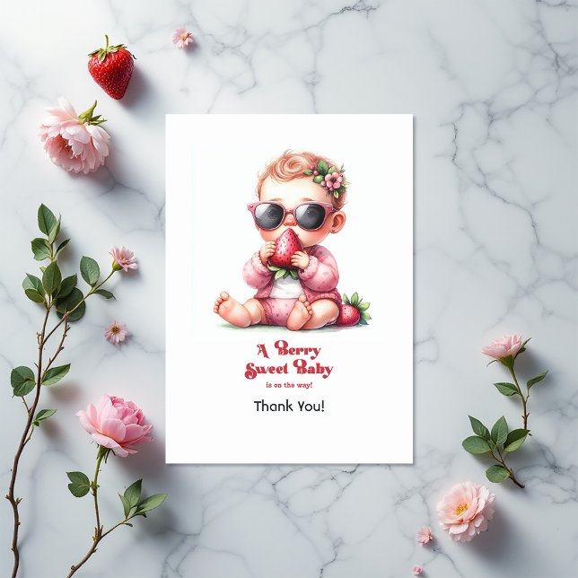 Tarjeta De Agradecimiento Chica de fresa Berry Sweet Baby Shower (Strawberry Girl Berry Sweet Baby Shower Thank You Card)
