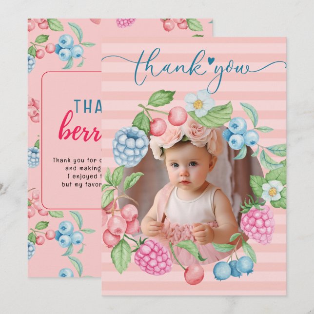 Tarjeta De Agradecimiento Chica de fresa Cumpleaños Berry Mucha Foto Gracias (Anverso / Reverso)