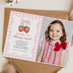 Tarjeta De Agradecimiento Chica de fresa rosada Bow primer cumpleaños foto