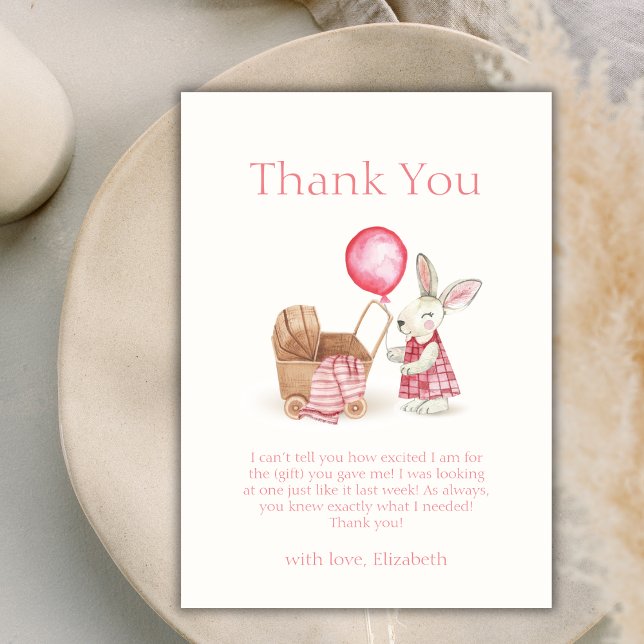 Tarjeta De Agradecimiento Chica de globo Bunny Stroller Rosa Baby Shower (Pink Stroller Bunny Balloon Girl Baby Shower Thank You Card)