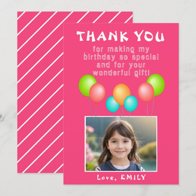 Tarjeta De Agradecimiento Chica de globos Fiestas rosados foto de cumpleaños (Anverso / Reverso)