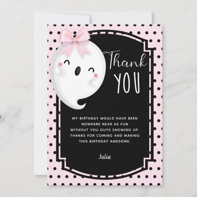Tarjeta De Agradecimiento Chica de Halloween Cumpleaños Punto Polka Negro Ro (Anverso)