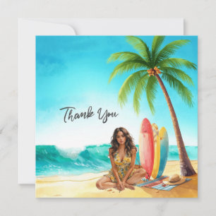 Tarjeta De Agradecimiento Chica de Hawái con tabla de surf en la playa