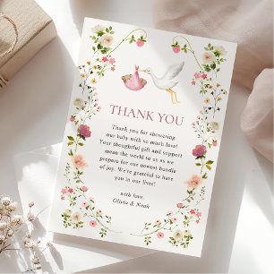 Tarjeta De Agradecimiento Chica de jardín floral rosa de entrega de la cigüe