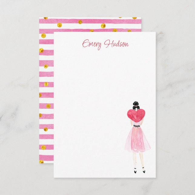 Tarjeta De Agradecimiento Chica de la moda del corazón acuarela (Anverso / Reverso)