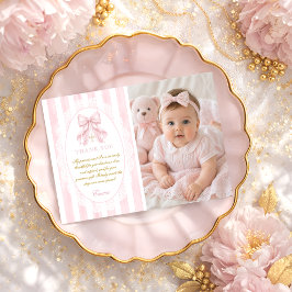 Tarjeta De Agradecimiento Chica de lazo rosa elegante bautizo foto plana