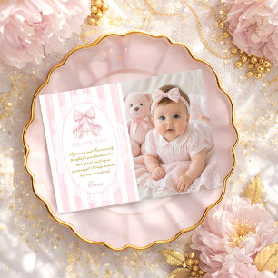 Tarjeta De Agradecimiento Chica de lazo rosa elegante bautizo foto plana