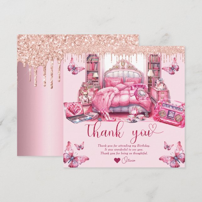 Tarjeta De Agradecimiento Chica de levadura Purpurina de cumpleaños (Anverso / Reverso)
