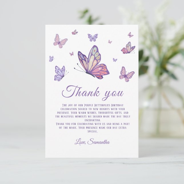Tarjeta De Agradecimiento Chica de mariposa morada Cumpleaños (Anverso de pie)