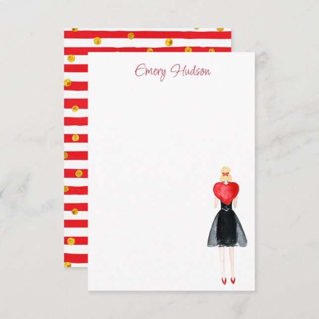 Tarjeta De Agradecimiento Chica de Moda Corazón Acuarela (Anverso / Reverso)