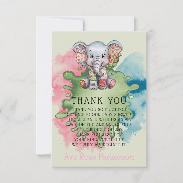 Tarjeta De Agradecimiento Chica de Moda elefante o niño Baby Shower Gracias (Anverso)