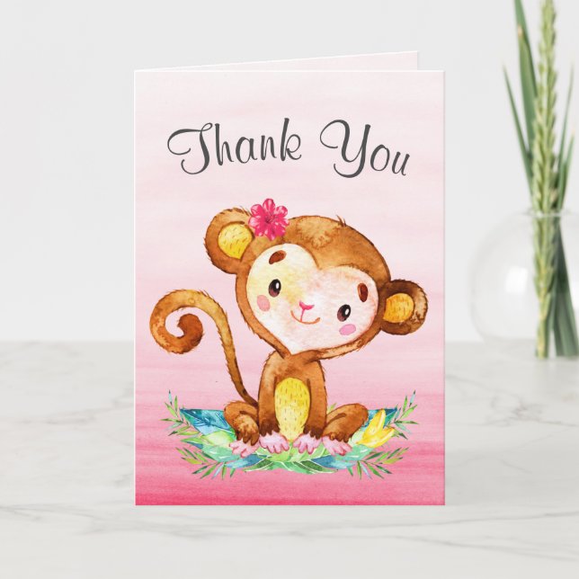 Tarjeta De Agradecimiento Chica de mono acuarela Gracias (Anverso)