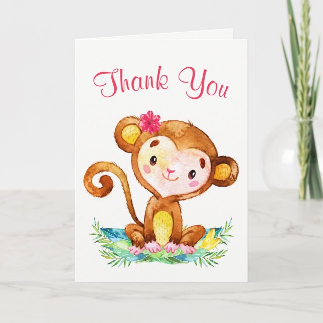 Tarjeta De Agradecimiento Chica de mono acuarela Gracias (Anverso)