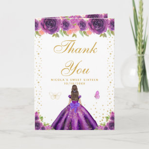 Tarjeta De Agradecimiento Chica de pelo castaño con flores moradas Dulces Di