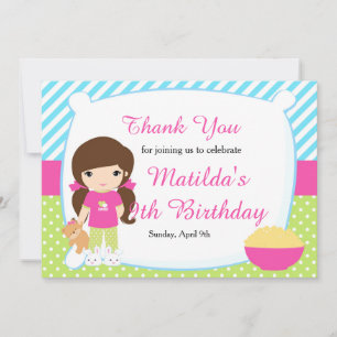 Tarjeta De Agradecimiento Chica de pelo castaño fiesta de pijamas cumpleaños