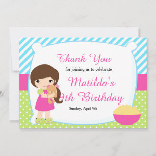 Tarjeta De Agradecimiento Chica de pelo castaño Sleepover Cumpleaños