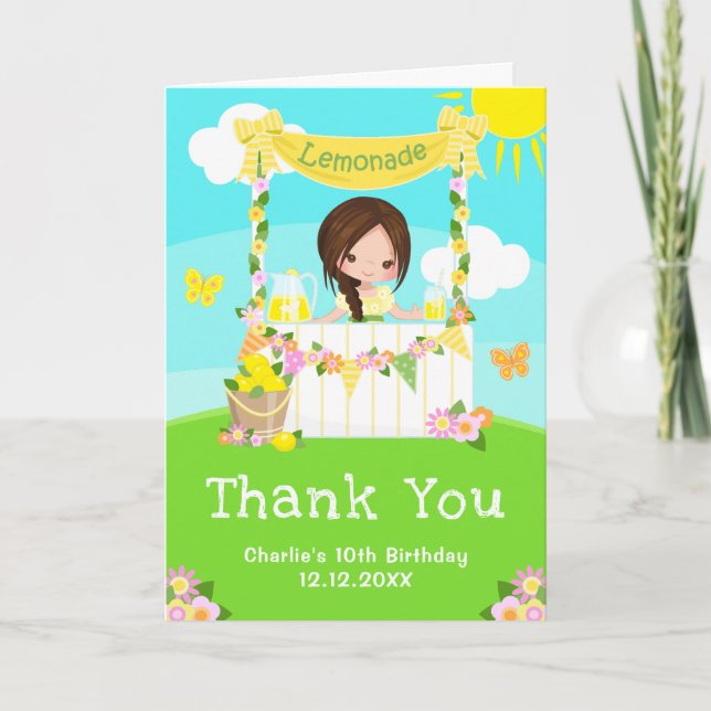 Tarjeta De Agradecimiento Chica de pelo marrón de cumpleaños de Lemonade Sta (Anverso)