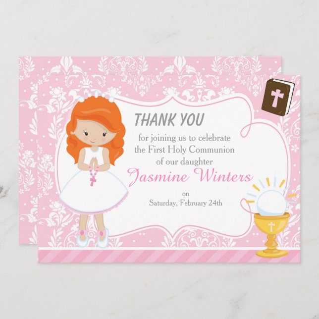 Tarjeta De Agradecimiento Chica de pelo rojo primera comunión gracias (Anverso / Reverso)
