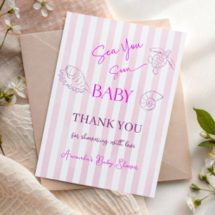Tarjeta De Agradecimiento Chica de rayas rosadas costeras mar pronto tú baby