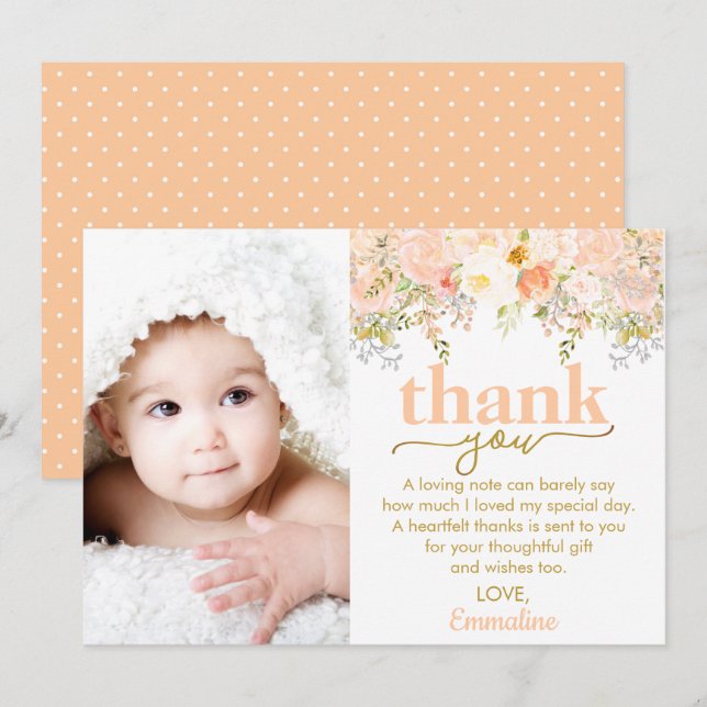 Tarjeta De Agradecimiento Chica de Rosas Peach. Foto de cumpleaños. (Anverso / Reverso)