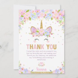 Tarjeta De Agradecimiento Chica de unicornio con flores cutas Primer Fiesta 
