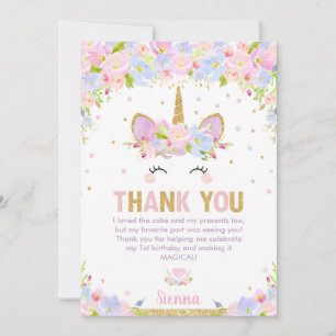 Tarjeta De Agradecimiento Chica de unicornio con flores cutas Primer Fiesta
