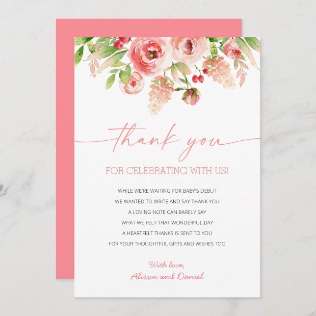 Tarjeta De Agradecimiento Chica de vegetación floral rosa rosa Baby Shower (Anverso / Reverso)