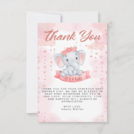 Tarjeta De Agradecimiento Chica Ducha de bebé con elefante de color rosa