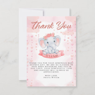 Tarjeta De Agradecimiento Chica Elefante acuarela rosa baby shower