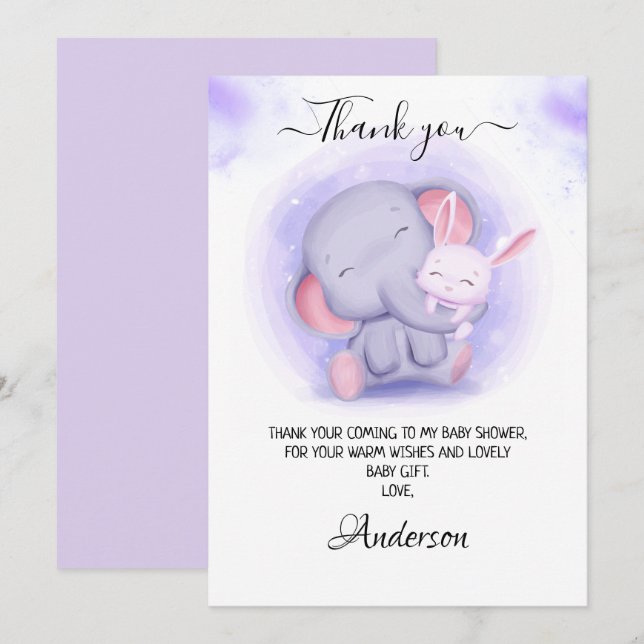 Tarjeta De Agradecimiento Chica Elefante y Baby Rabbit Baby Shower (Anverso / Reverso)