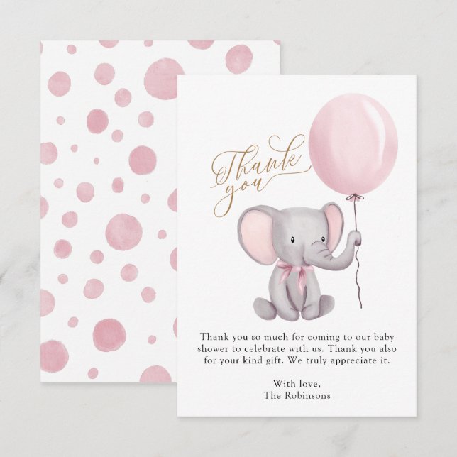 Tarjeta De Agradecimiento Chica Elephant Balloons Baby Shower Gracias Tarjet (Anverso / Reverso)