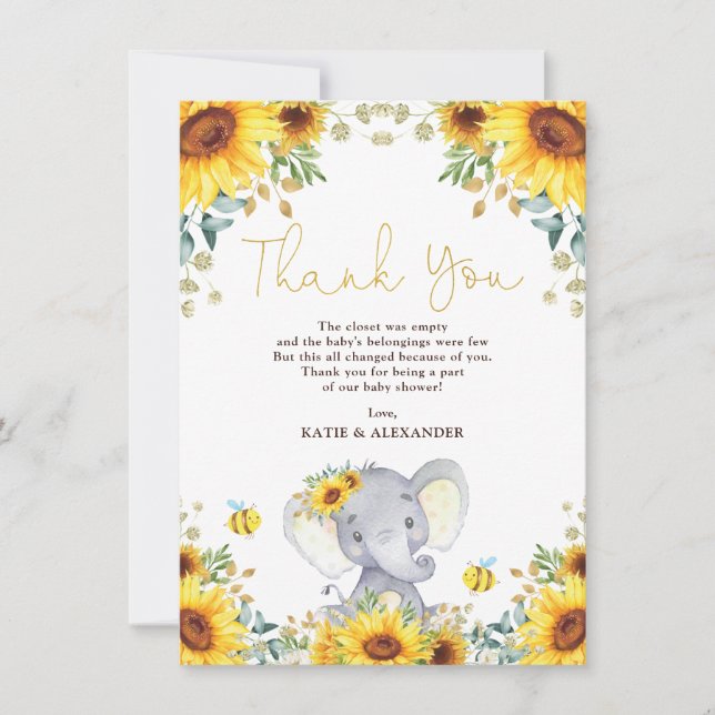 Tarjeta De Agradecimiento Chica Elephant Boho Sunflower Greenery Baby Shower (Anverso)