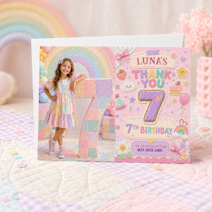 Tarjeta De Agradecimiento Chica fiesta de cumpleaños número 7 Pastel Arcoíri