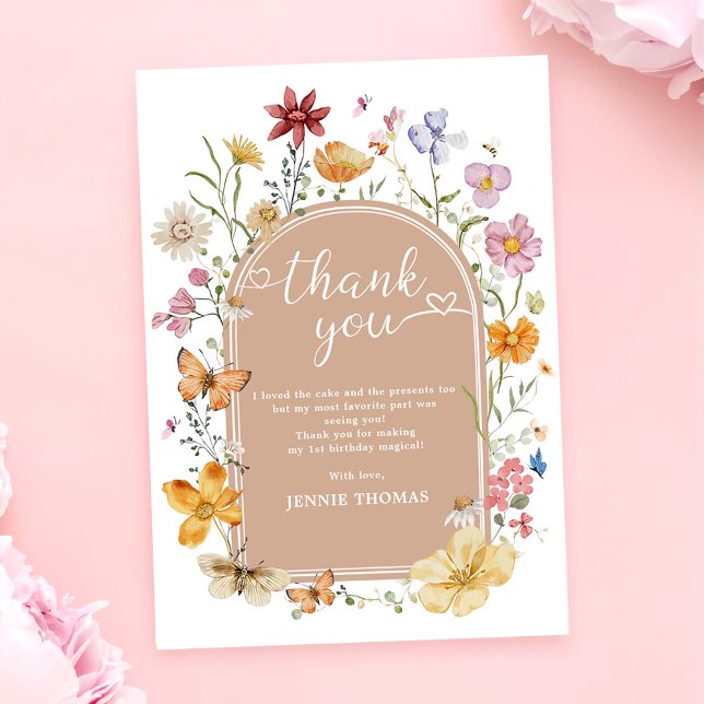 Tarjeta De Agradecimiento Chica Flor silvestre primer Fiesta de cumpleaños (Subido por el creador)