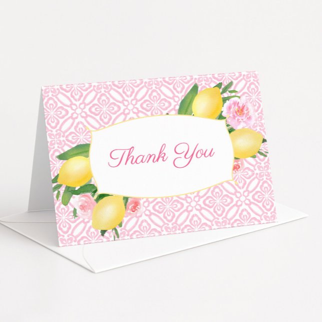 Tarjeta De Agradecimiento Chica floral bonito Lemons rosa Baby Shower (Pretty pink and white tiles with lemons and pink floral detail baby girl shower thank you cards)