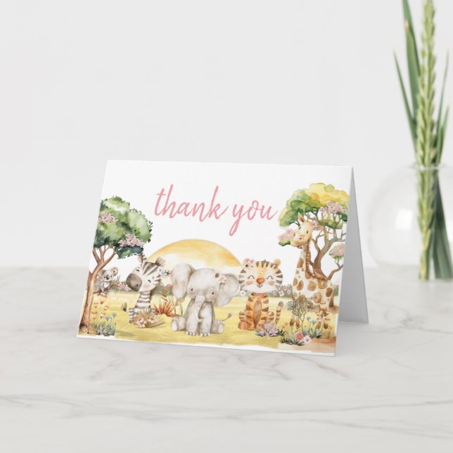 Tarjeta De Agradecimiento Chica Floral Jungle Safari Animales Baby Shower (Anverso)