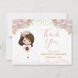 Tarjeta De Agradecimiento Chica floral rosa boho Primera comunión sagrada