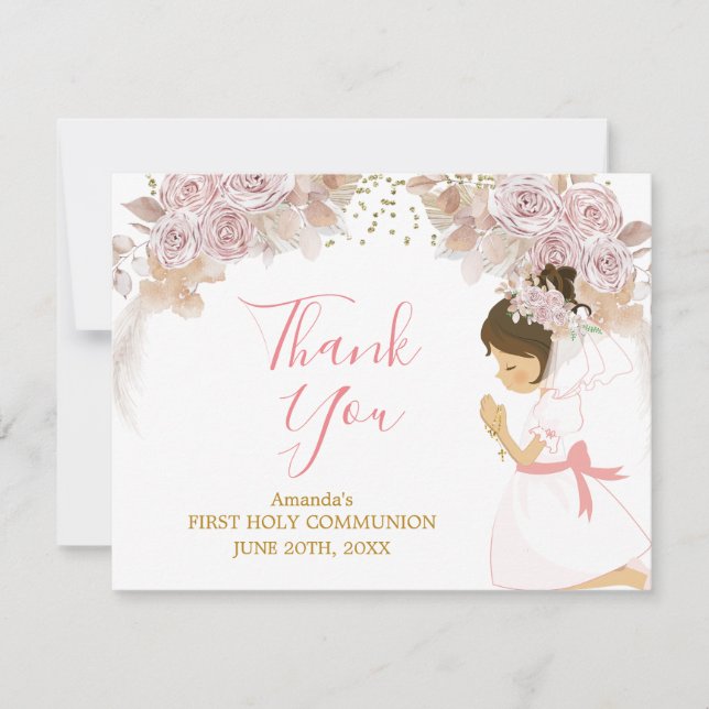 Tarjeta De Agradecimiento Chica Floral Rosa Boho primero Cruz de la Santa Co (Anverso)