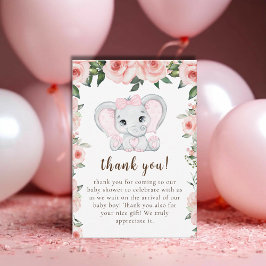Tarjeta De Agradecimiento Chica floral rosa Cutie Elephant Rubor Baby Shower